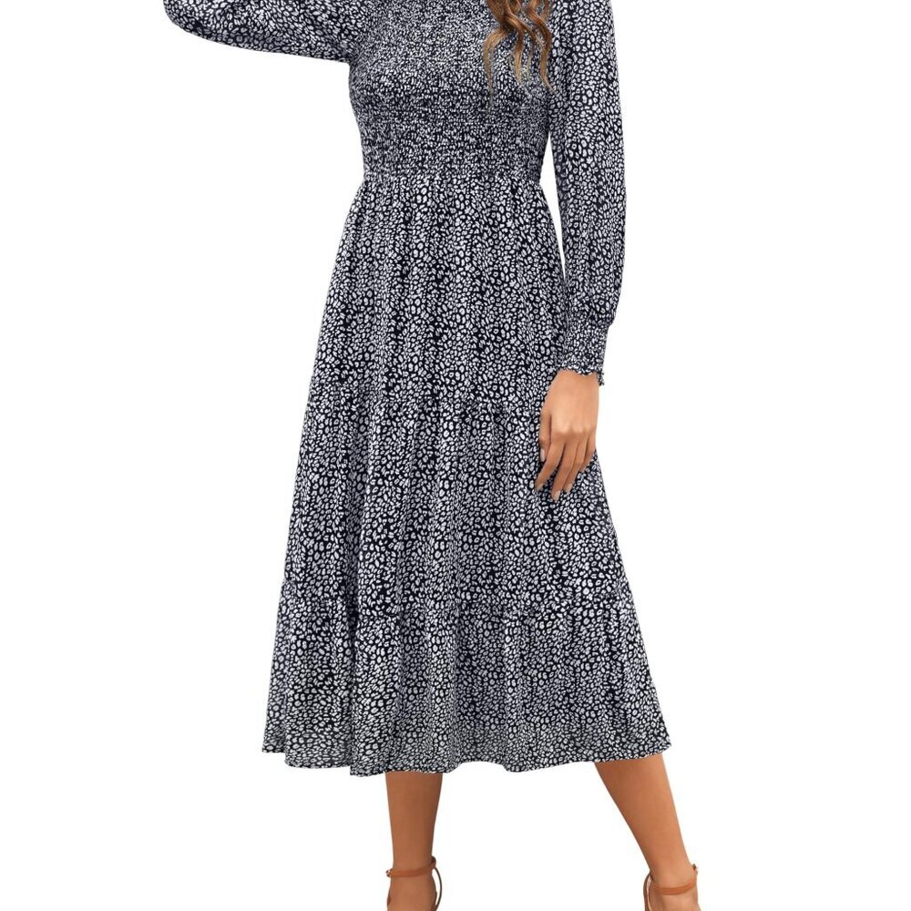 Long Sleeve Smocked Boho Floral Tiered Midi Dress With Pockets Elegant